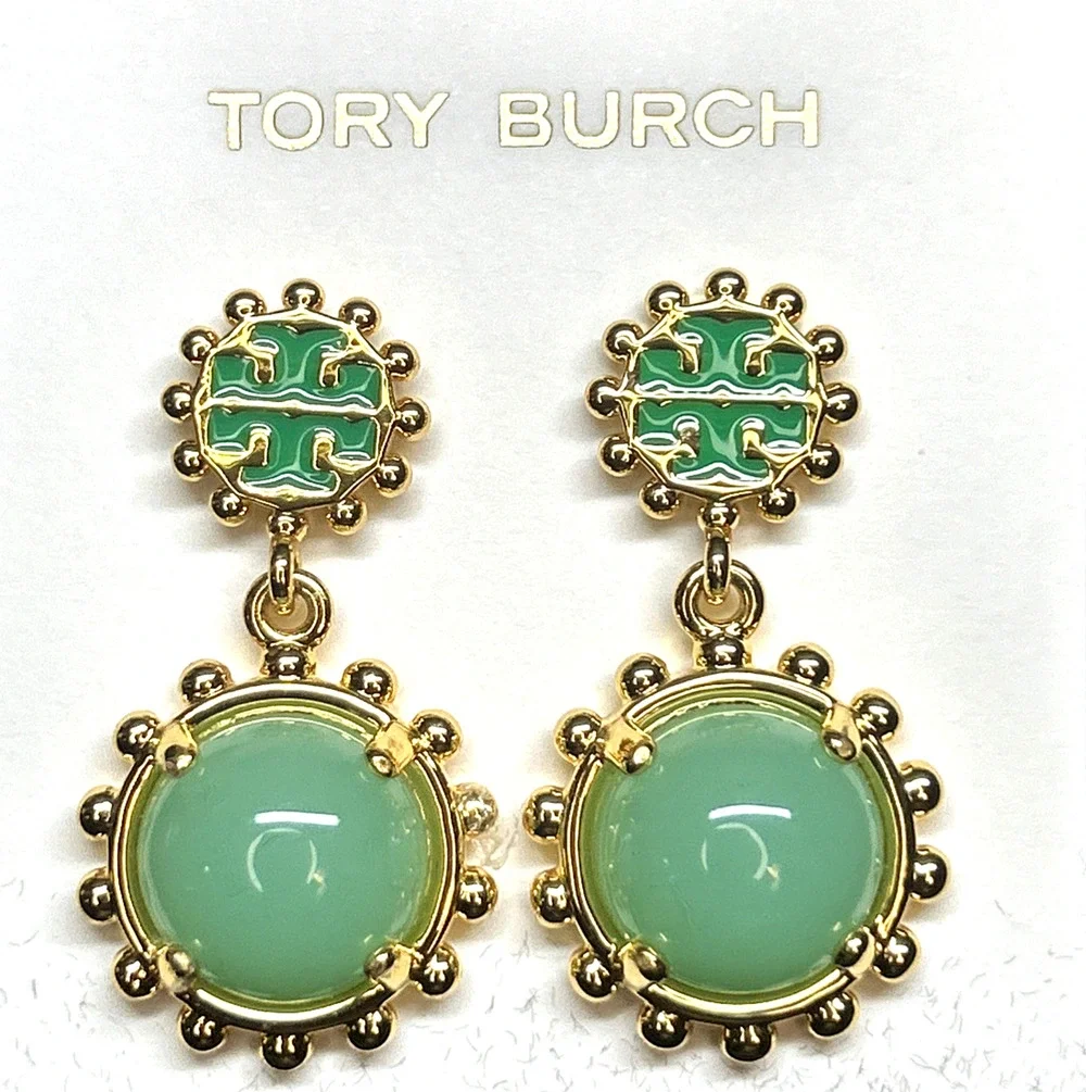 Tory Burch Winslow Green Enamel Drop Earrings Gold Mint Cabochon NWT